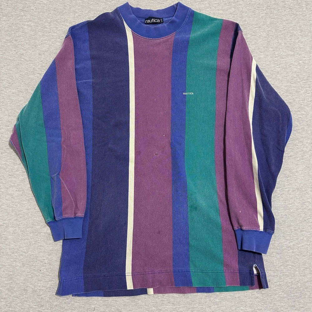 Vintage 90s Nautica Vertical Stripe Mock Neck Long Sleeve Purple Teal Mens Large